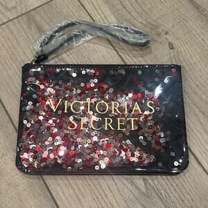 Victoria's Secret Wristlet Clutch Black Sequin Filled Bag 9" X 6.5" NEW